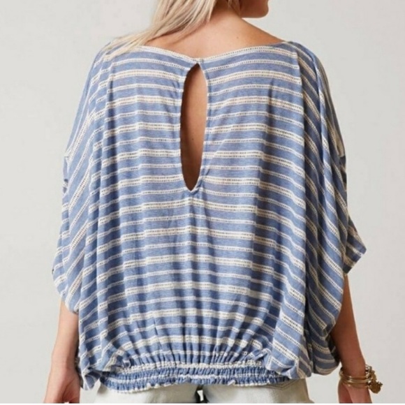 Free People Azalea blue striped linen blend elastic waist blouse Size Small - Picture 9 of 9